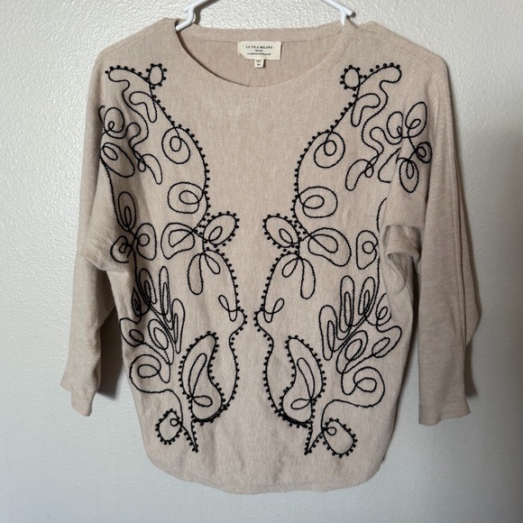 La Vila Milano Sweaters - Beige Knit Sweater with Black Embroidered Beaded Detailing Women’s Size XS